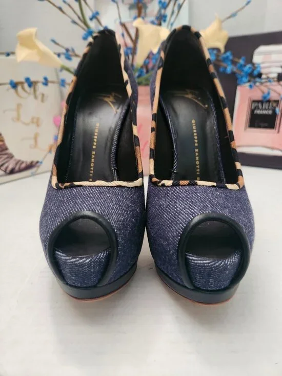 GIUSEPPE ZANOTTI Shoes Blue Denim Peep Toe Platform Heels - Picture 6 of 8